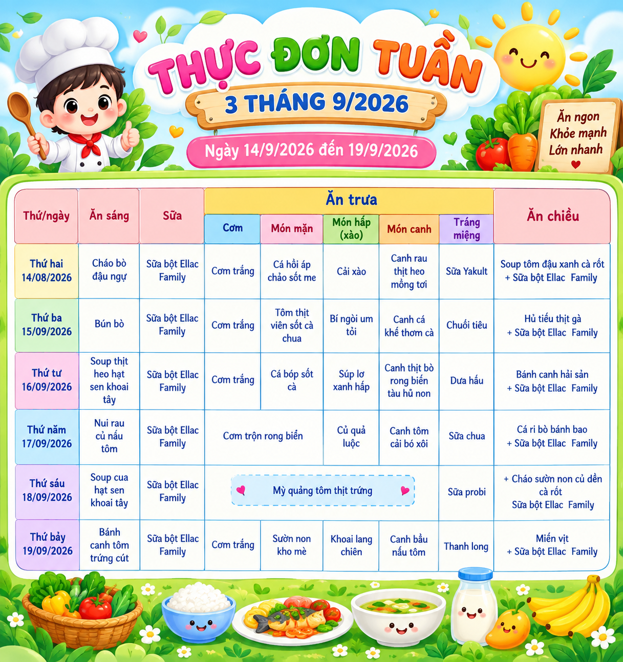 DỰ KIẾN THỰC ĐƠN CHO TRẺ TỪ NGÀY 14/9 ĐẾN NGÀY 19/9/2026