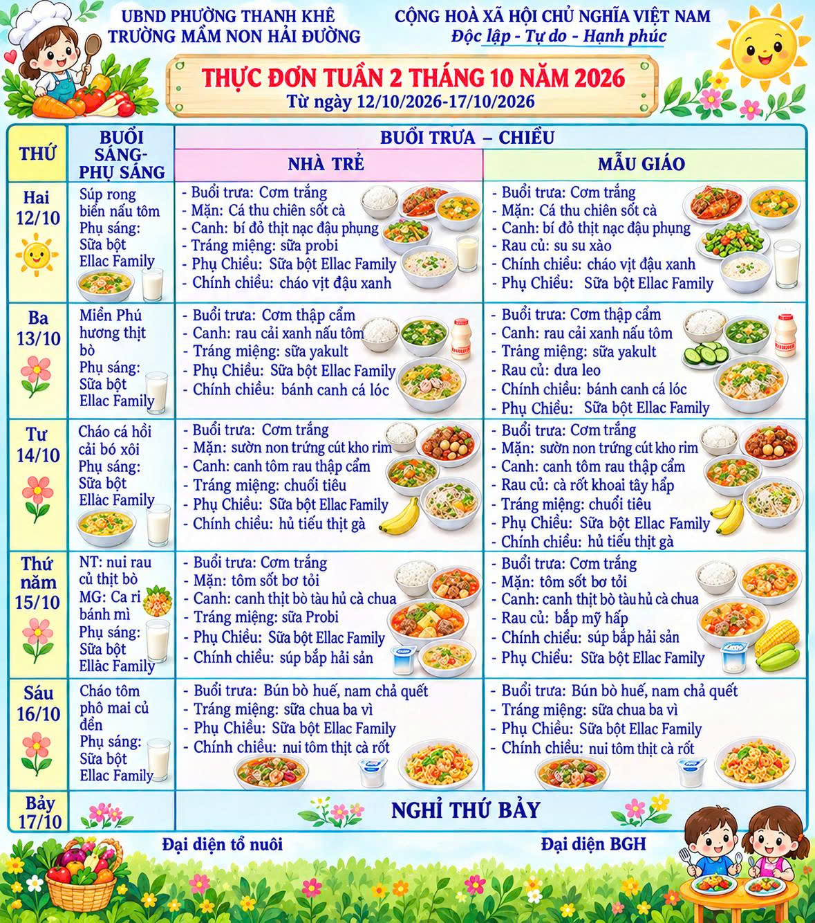 DỰ KIẾN THỰC ĐƠN CHO TRẺ TỪ NGÀY 12/10 ĐẾN NGÀY 17/10/2026